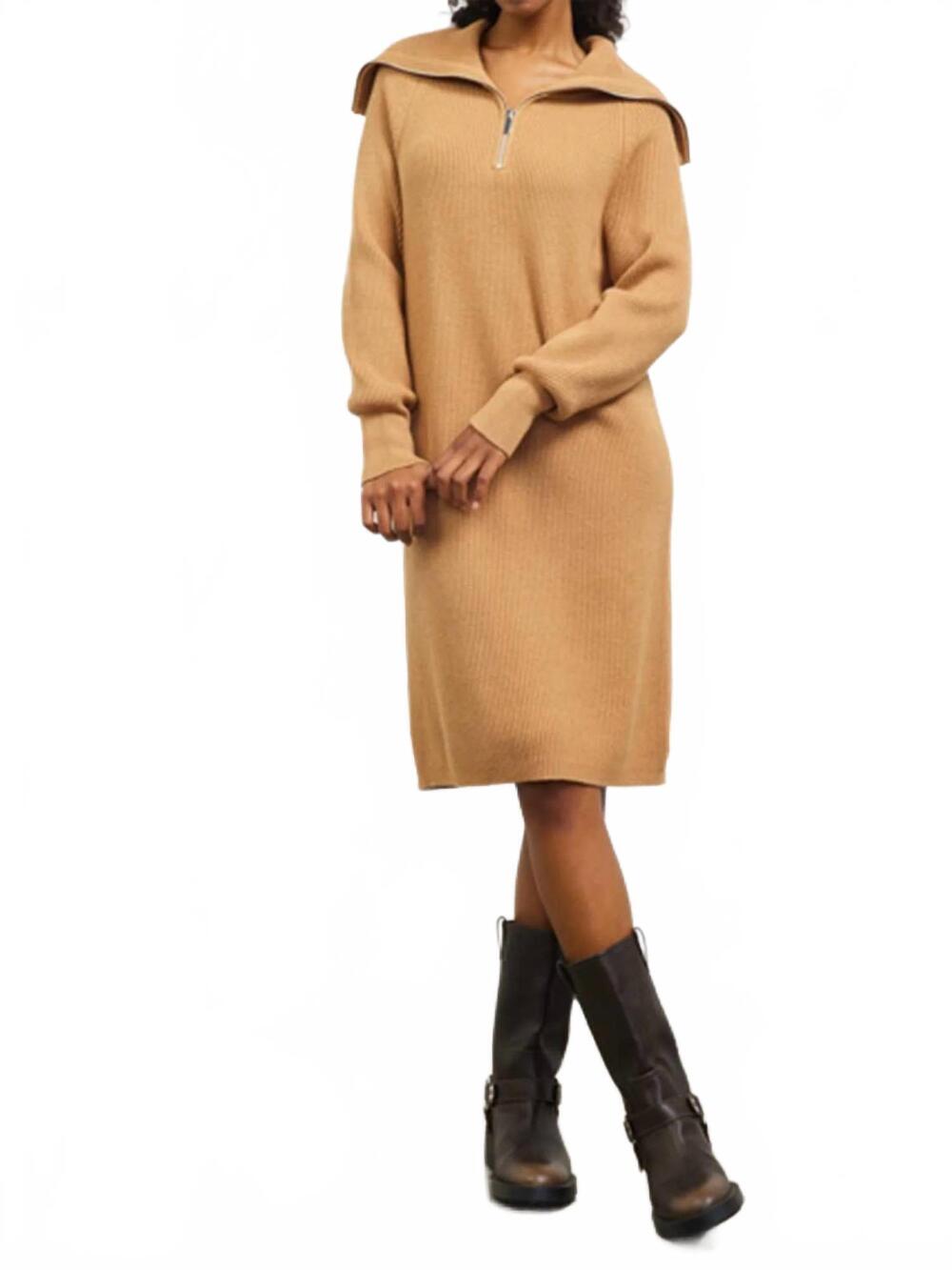 NEW SKIES ARE BLUE zip-up mock neck sweater dress in camel